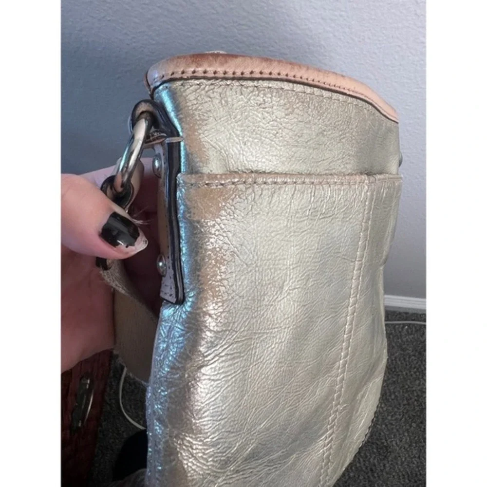 Coach Metallic Gold Leather Crossbody‎ Bag Tan Trim Slim Messenger